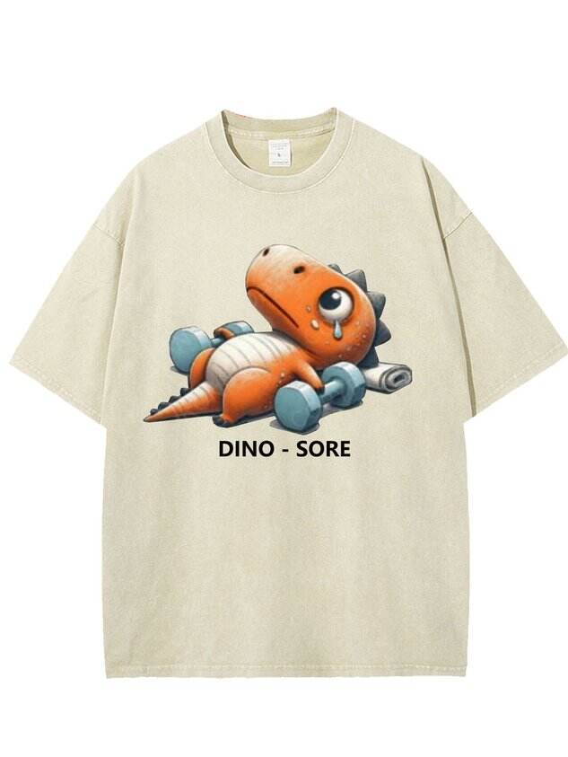 🦖 Funny Dinosaur Fitness Print Washed T-Shirt