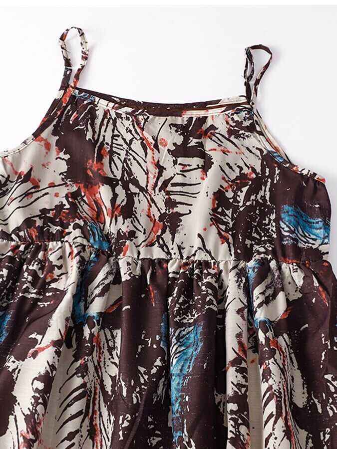 Cotton And Linen Literary Sleeveless Strap Black Printed Dress
