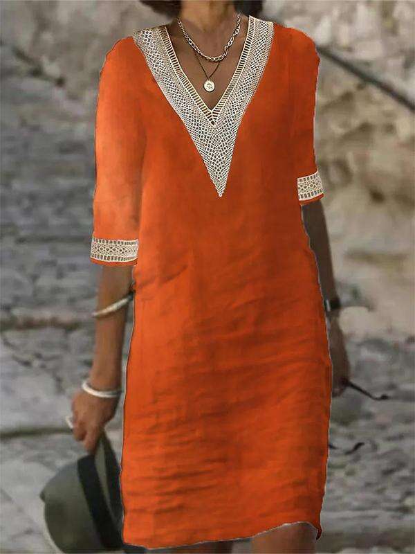 Solid Color V-neck Mid-sleeve Cotton and Linen Casual Dress