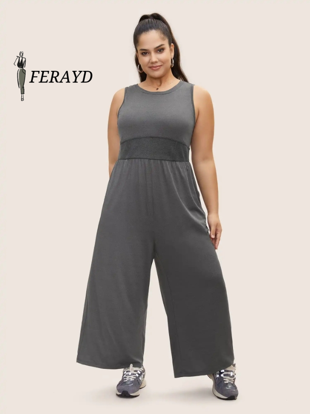Rib Knit Patchwork Wide Leg Jumpsuit