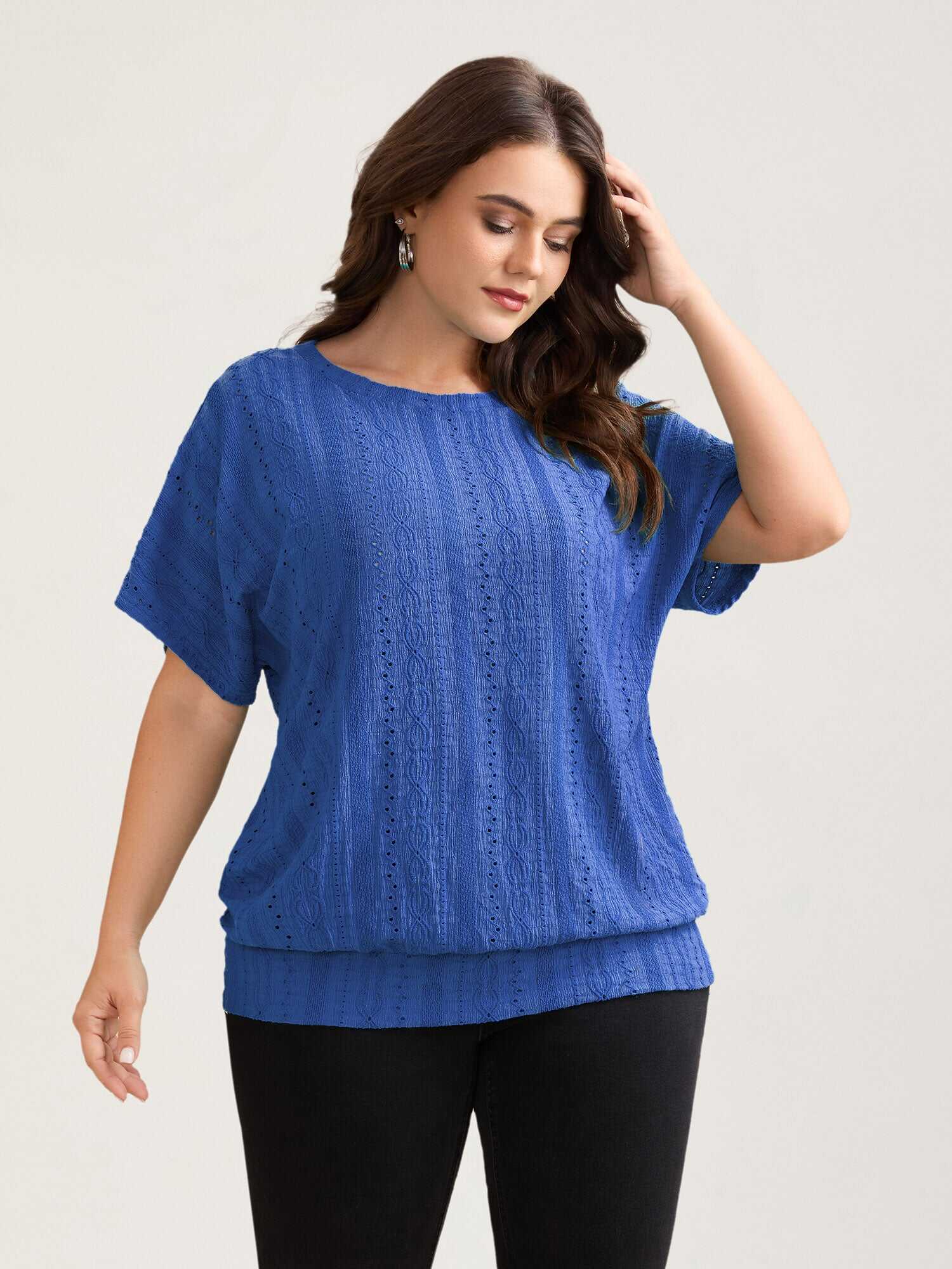 Eyelet Trim Stretchy Textured Plain Top