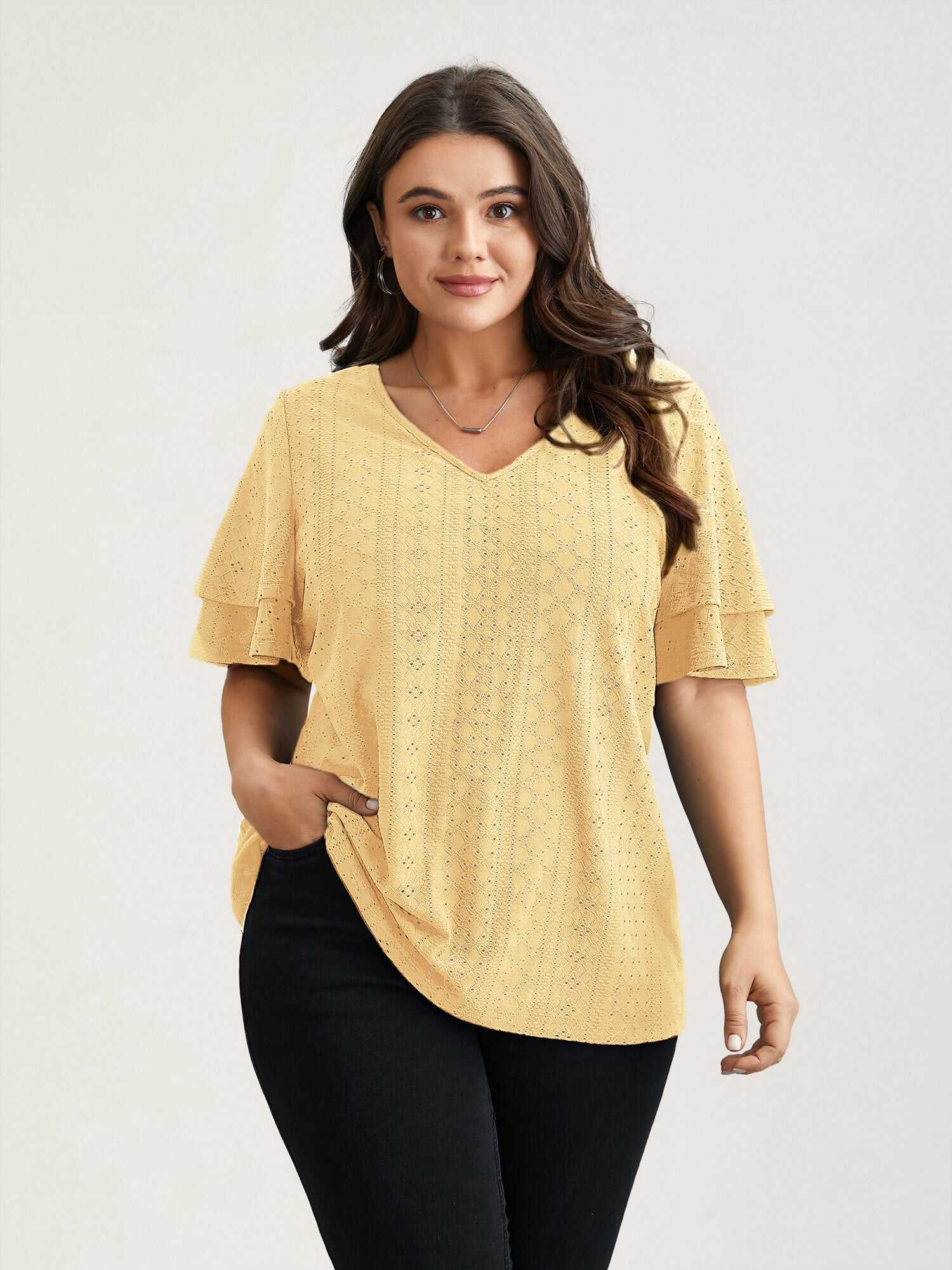 Jacquard Textured Lotus Leaf Sleeve Top