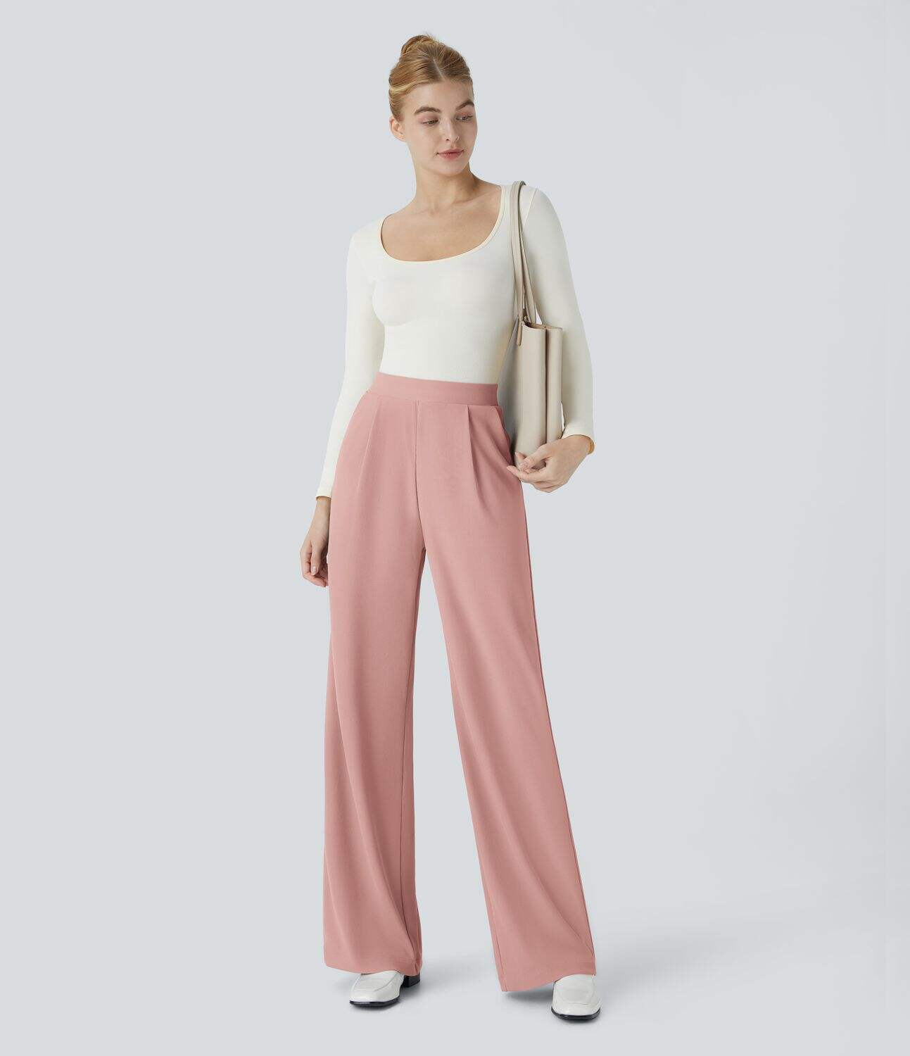 Ha High Waisted Body Sculpt Waist-Slimming Side Pocket Wide Leg Micro Waffle Work Pants