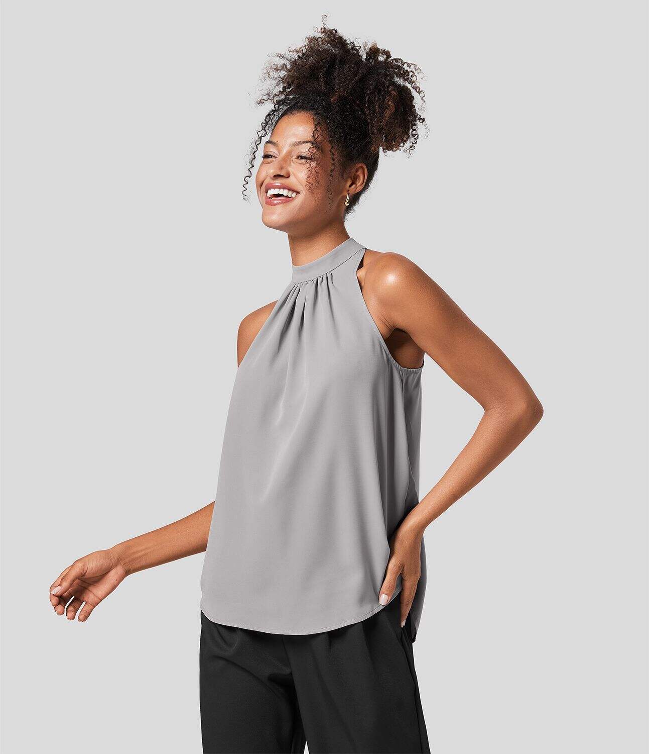 Keyhole Back Halter Plicated Sleeveless Curved Hem Work Blouse