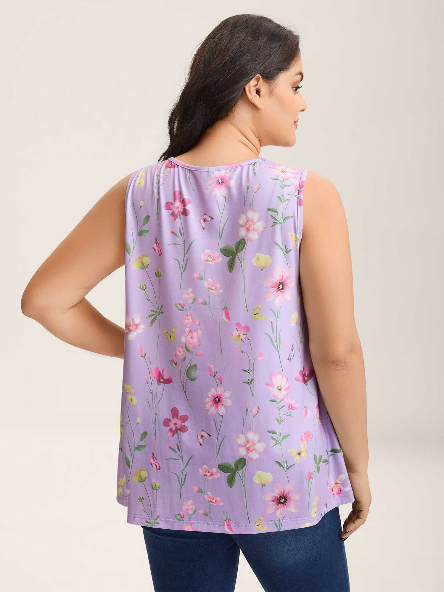 Floral Print Flowy Pleated Tank Top