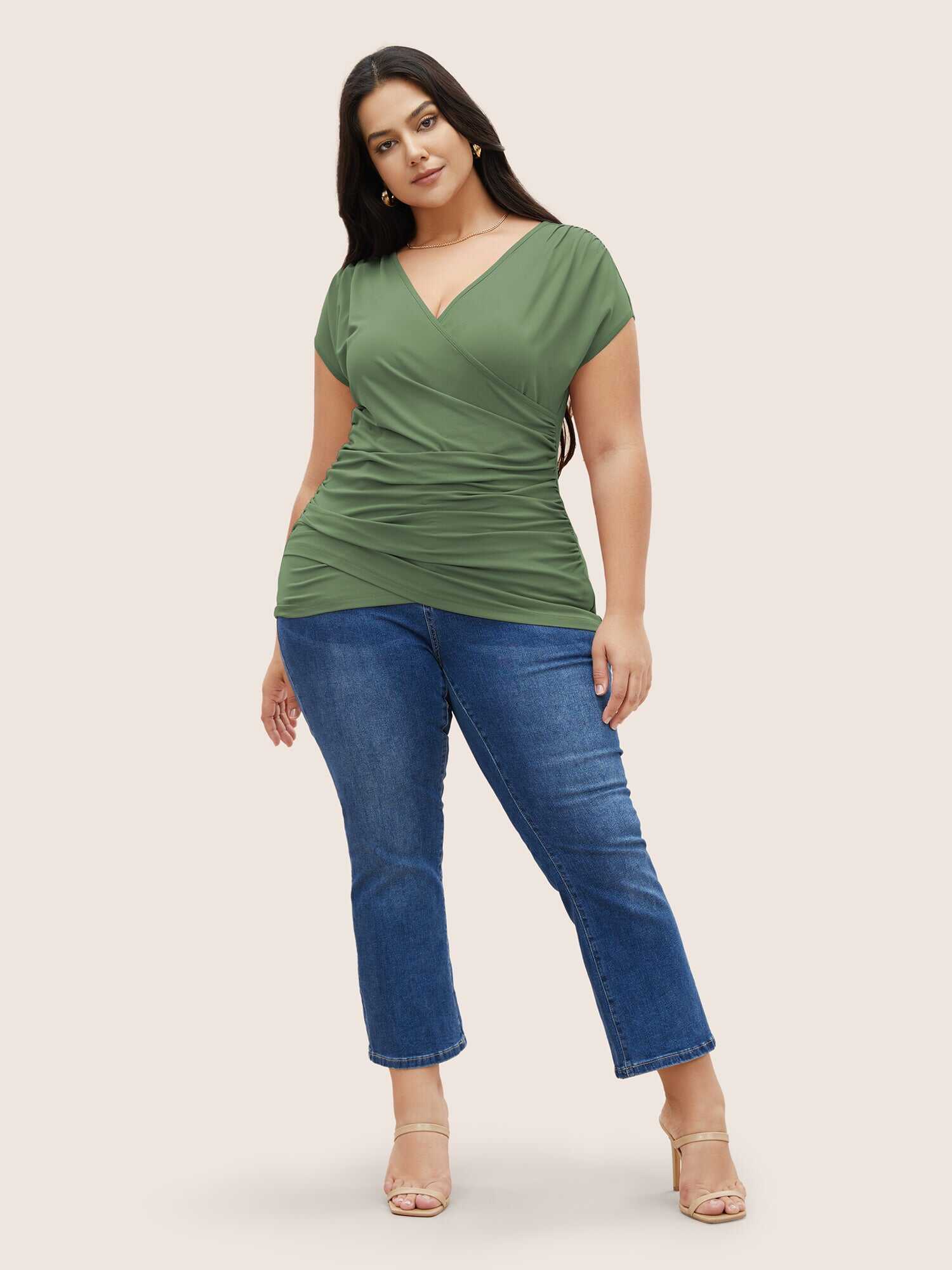Plain Ruched Overlap Collar Dolman Sleeve Knit Top
