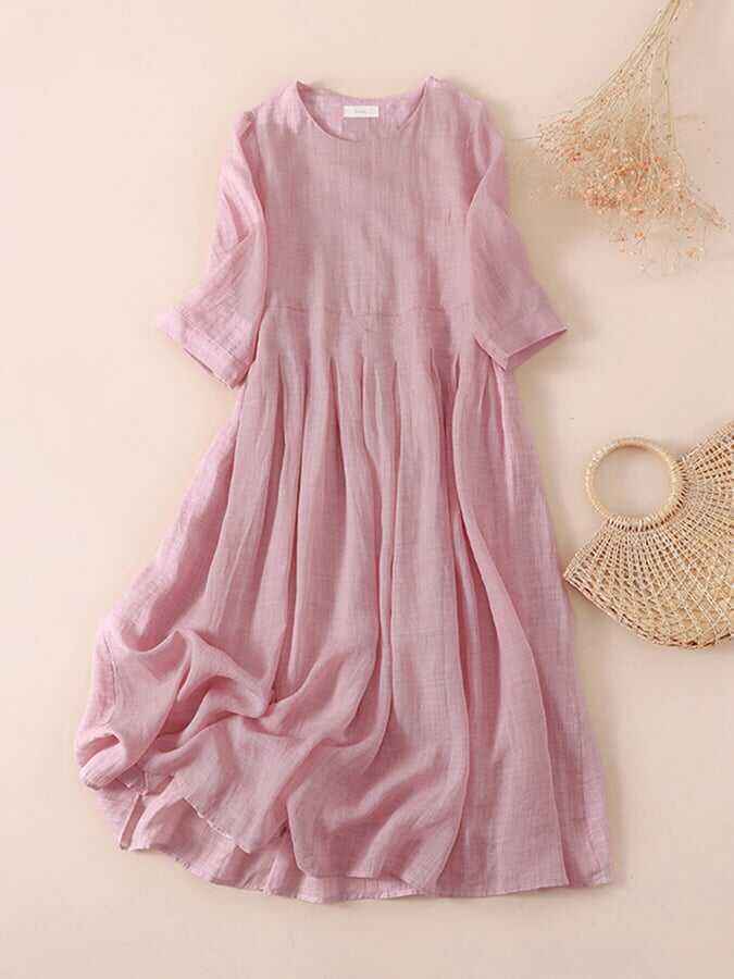 Ramie Solid Loose Pleated Dress