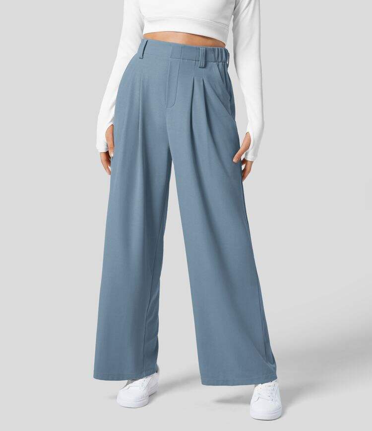 High Waisted Plicated Side Pocket Wide Leg Waffle Work Pants