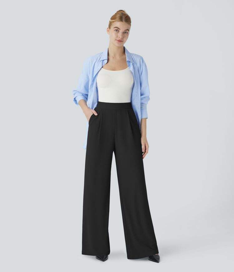 Ha High Waisted Body Sculpt Waist-Slimming Side Pocket Wide Leg Micro Waffle Work Pants