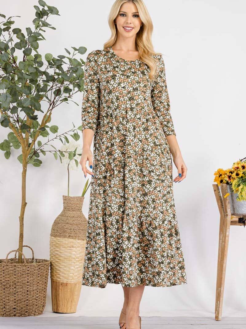 Floral Tiered 3/4 Sleeve Midi Dress