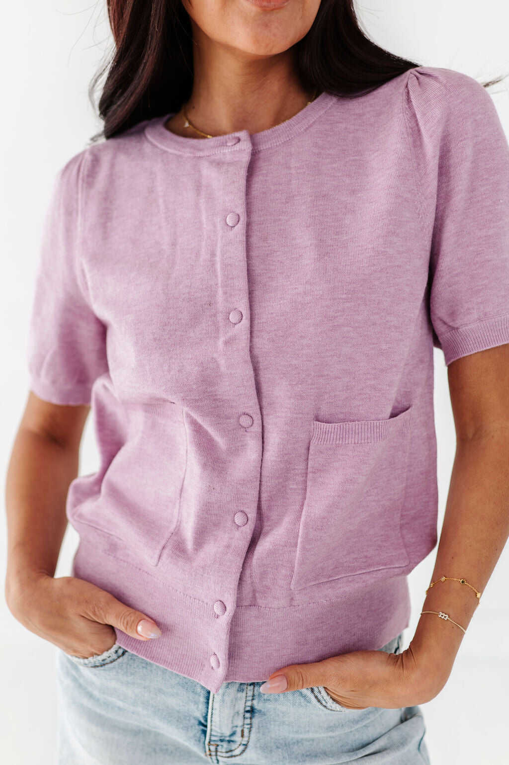 Betty Short Sleeve Cardigan in Blush - Size XL Left