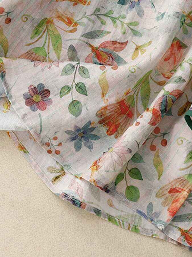 Retro Vintage Ethnic Style Thin Print Frog Button 4/3 Sleeve Shirt