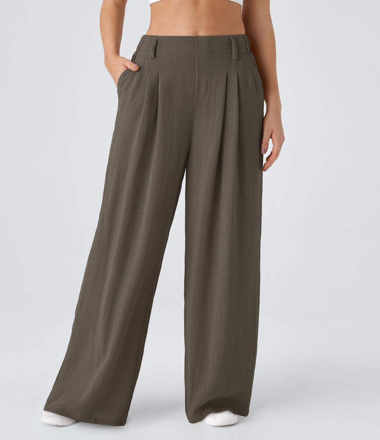 High Waisted Plicated Side Pocket Wide Leg Flowy Solid Palazzo Casual Linen-Feel Pants