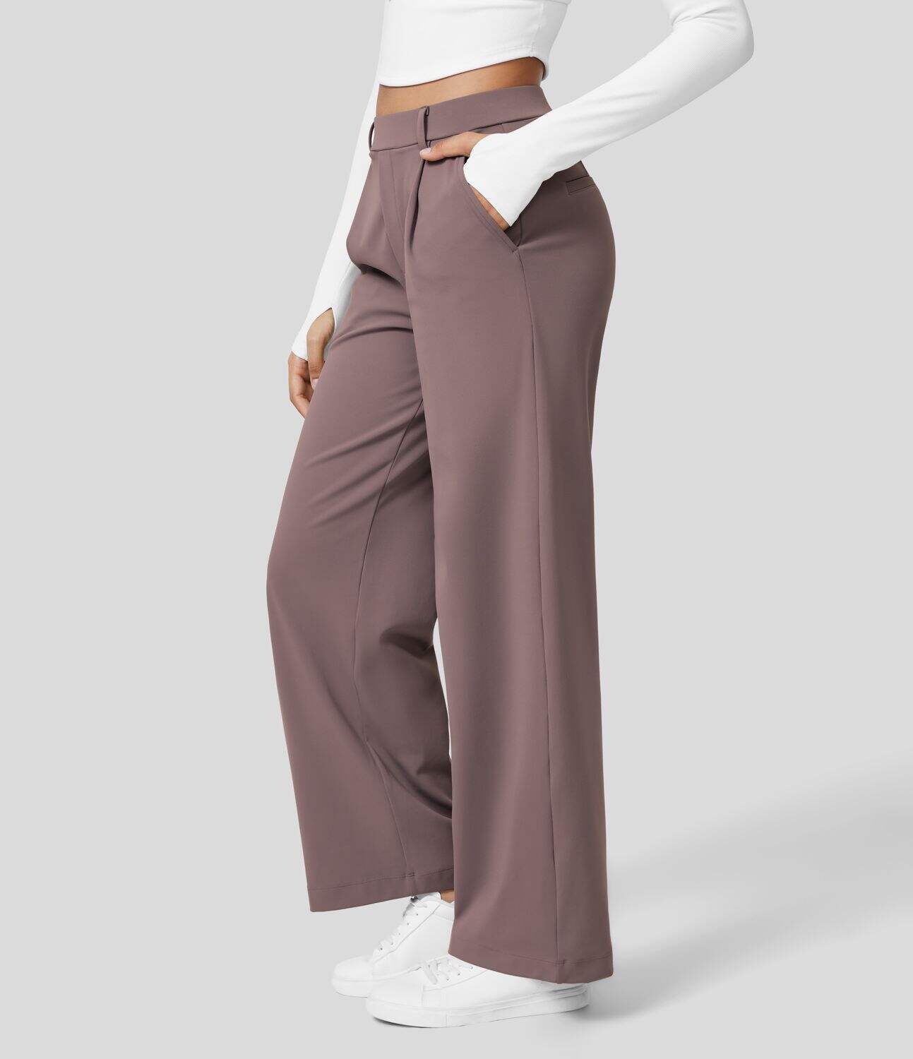 High Waisted Plicated Side Pocket Straight Leg Work Pants