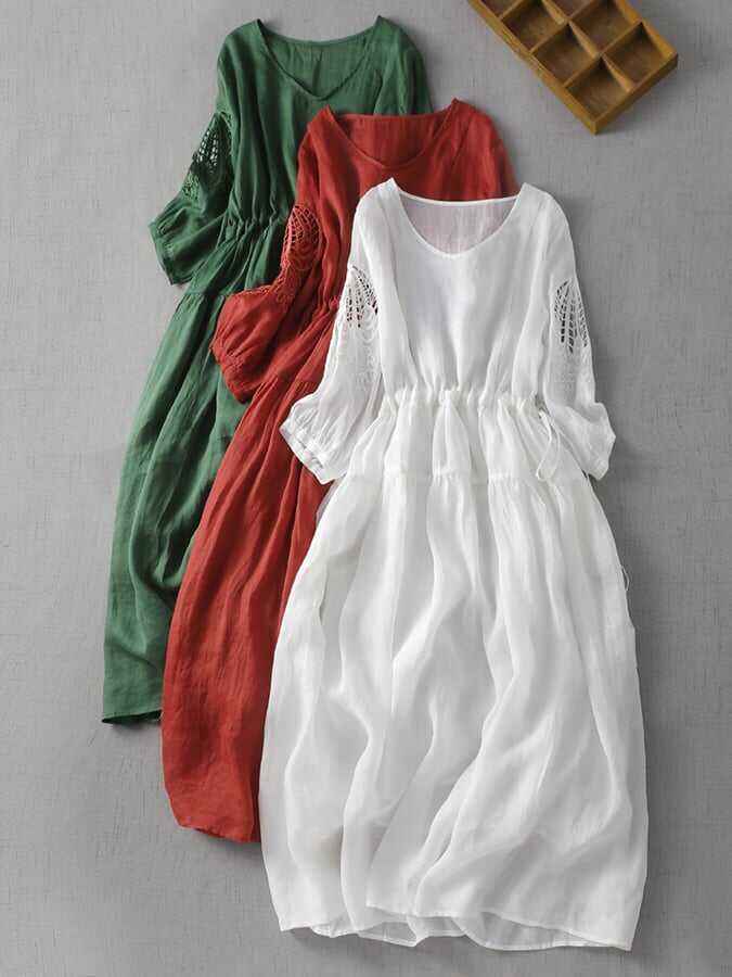 Solid French Cut Out Embroidered V-Neck Dress
