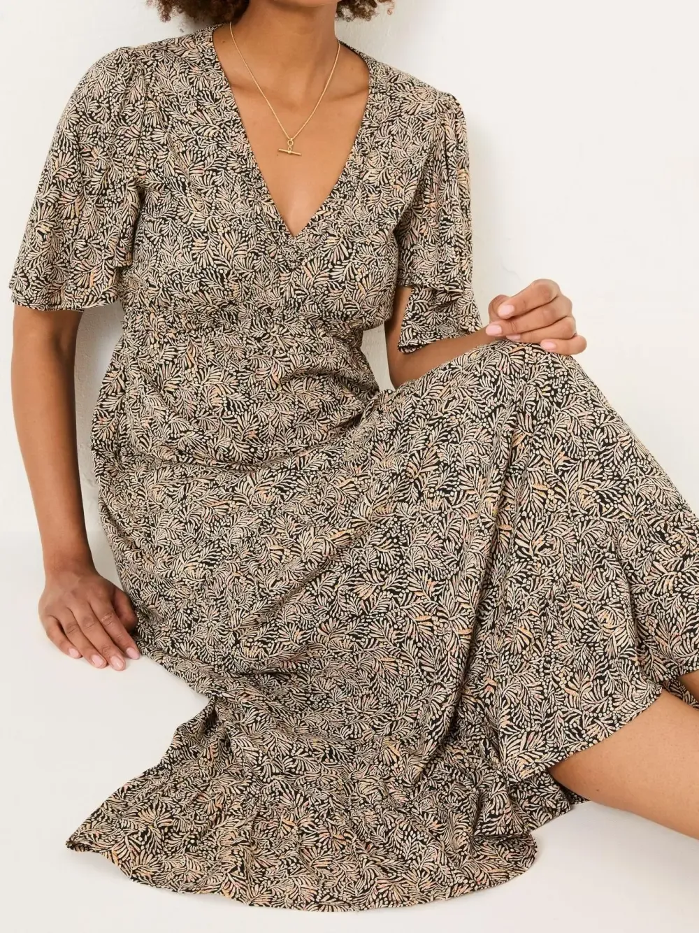 Black Floral Waist Tie Midi Dress