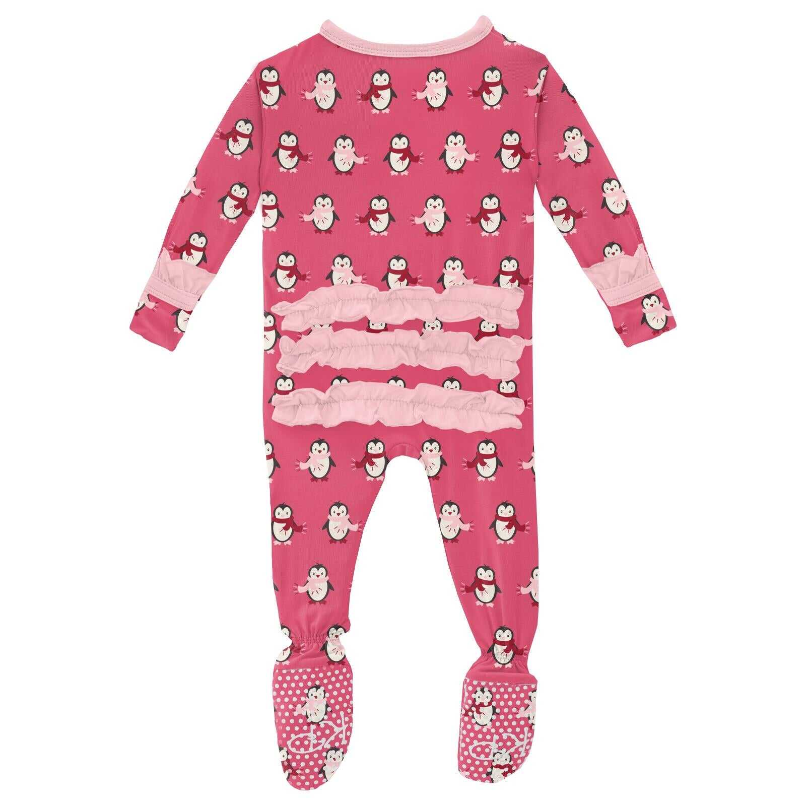 Print Classic Ruffle Footie with Snaps in Winter Rose Penguins