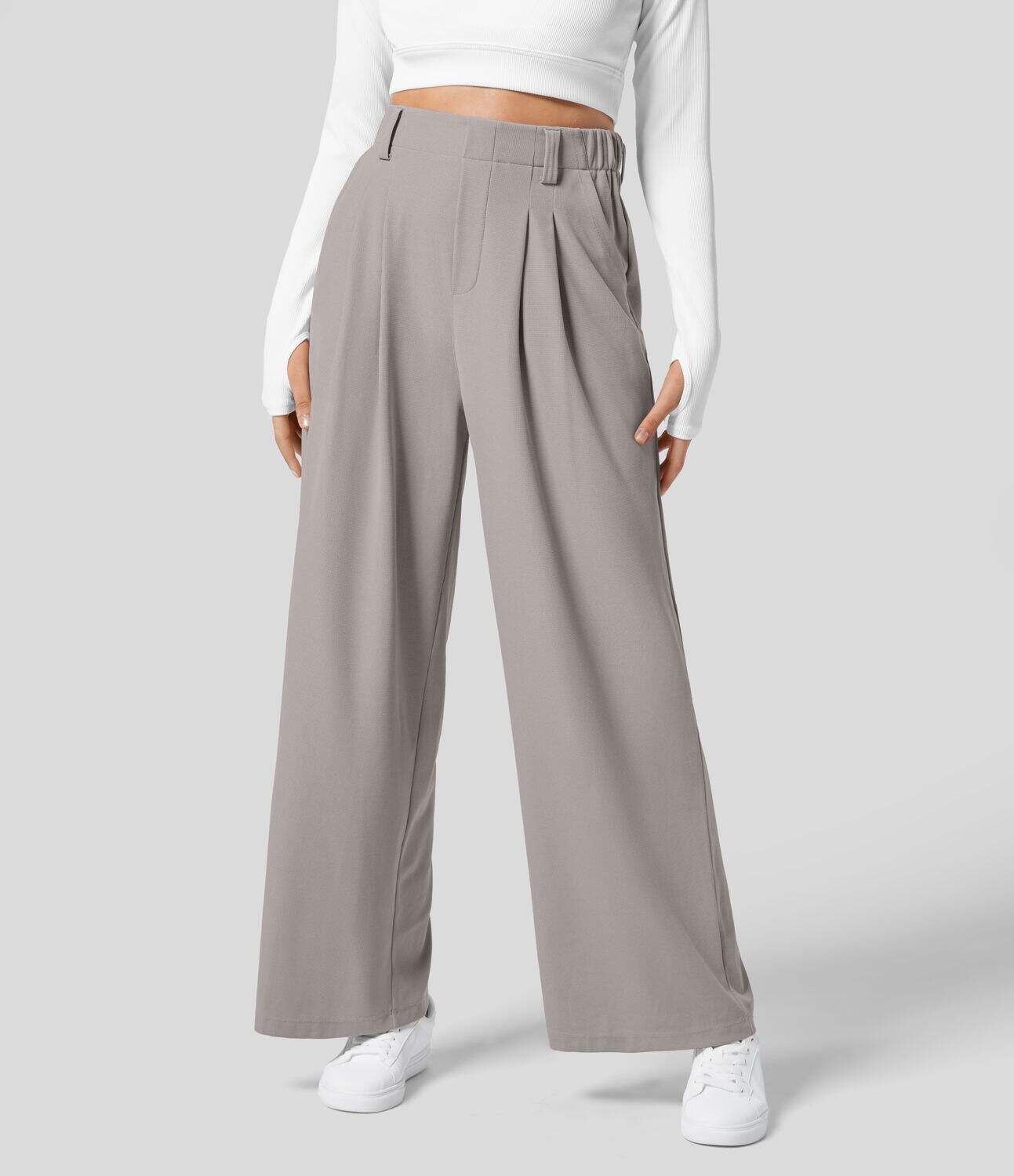 High Waisted Plicated Side Pocket Wide Leg Waffle Work Pants