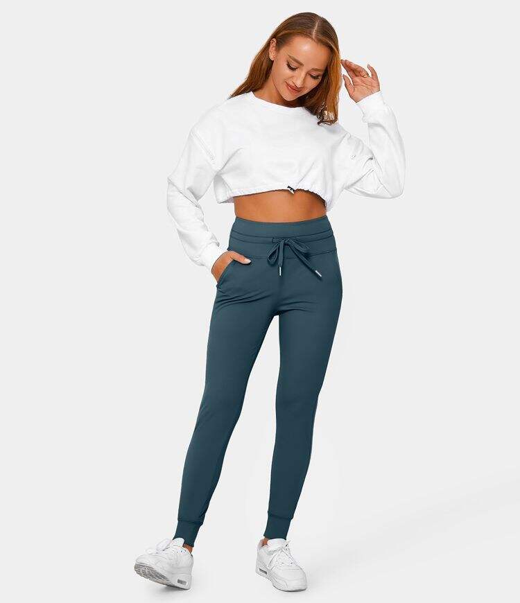 Airy High Waisted Drawstring Side Pocket Plain Cool Touch Full Length Joggers-UPF50+