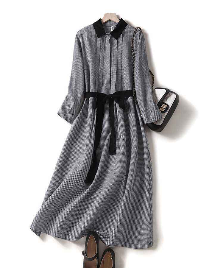 Cotton Vintage Belt Plaid Long Sleeve Dress