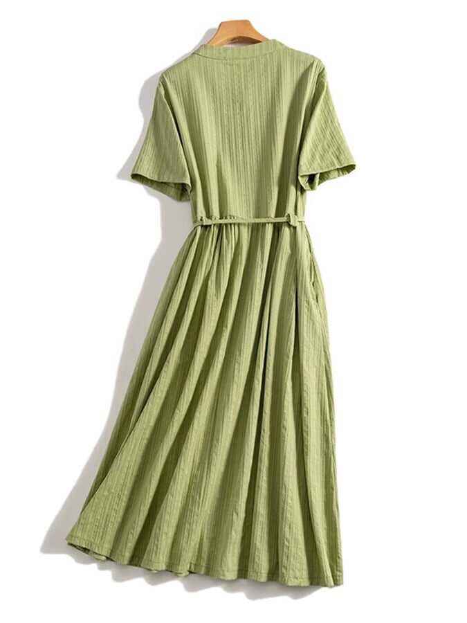 Jacquard Lace Up Waist Button Up Dress