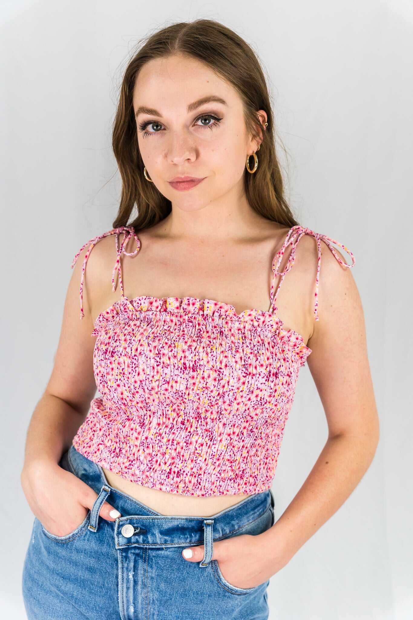 Pink Floral Smocked Crop Cami - SALE