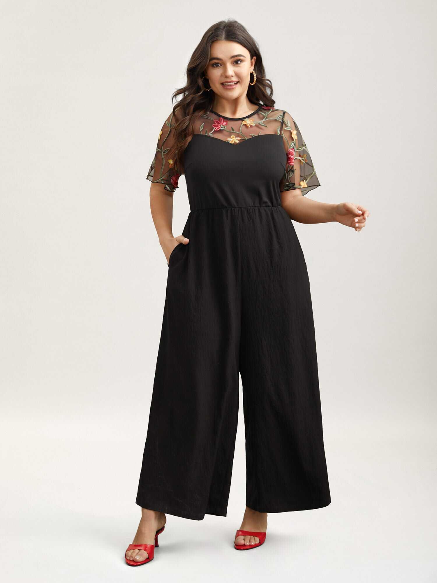Floral Mesh Embroidered Flared Jumpsuit