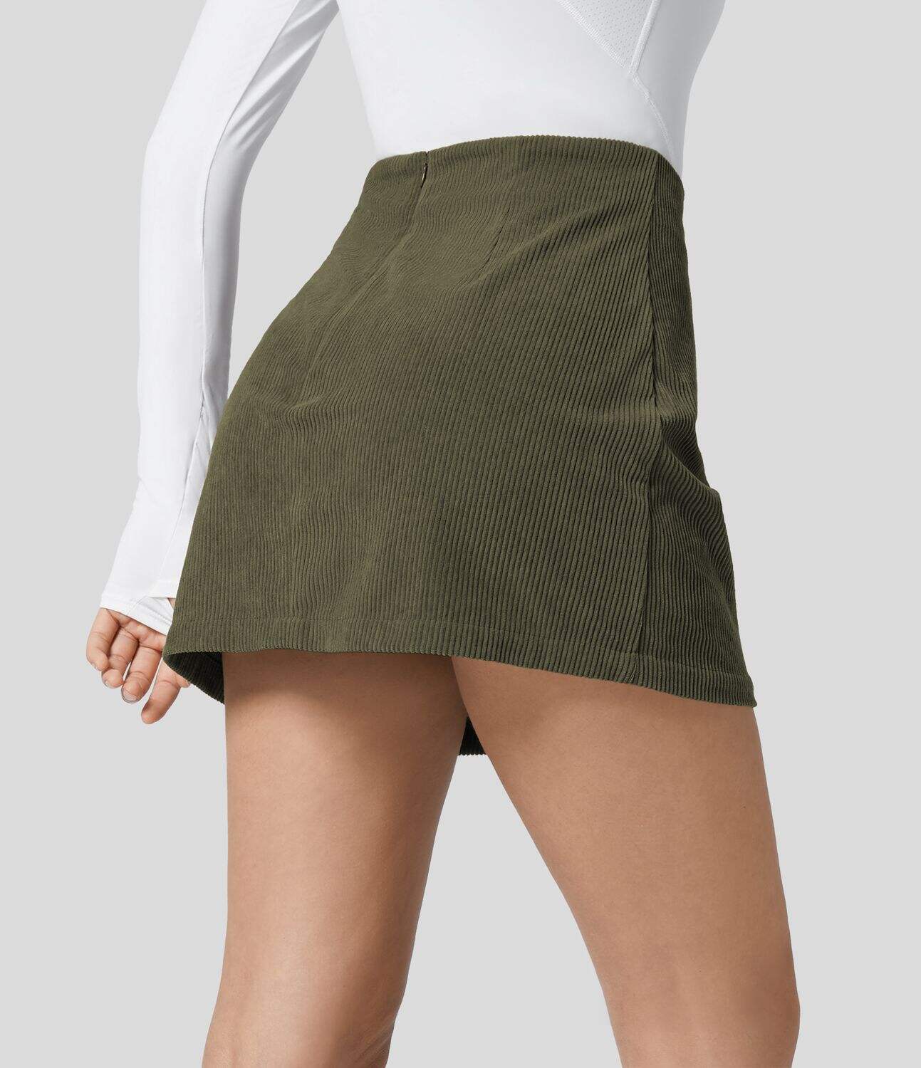 High Waisted Invisible Zipper 2-in-1 A Line Mini Corduroy Casual Skirt