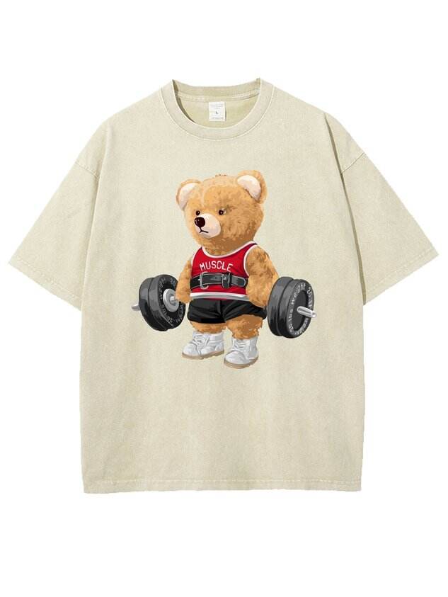 🐻 Fun Cotton Workout Bear Washed Fitness T-Shirt