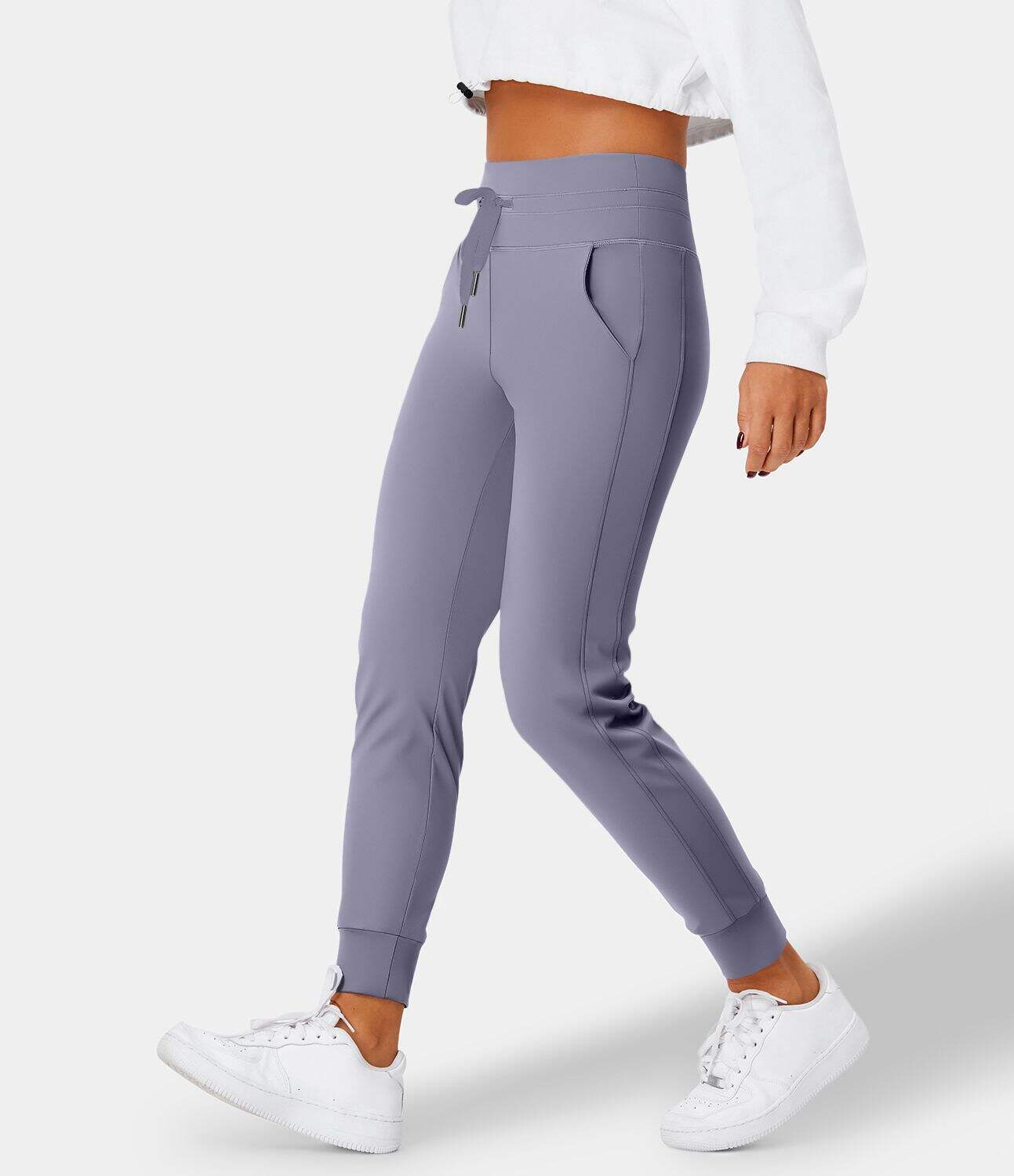 Airy High Waisted Drawstring Side Pocket Plain Cool Touch Full Length Joggers-UPF50+
