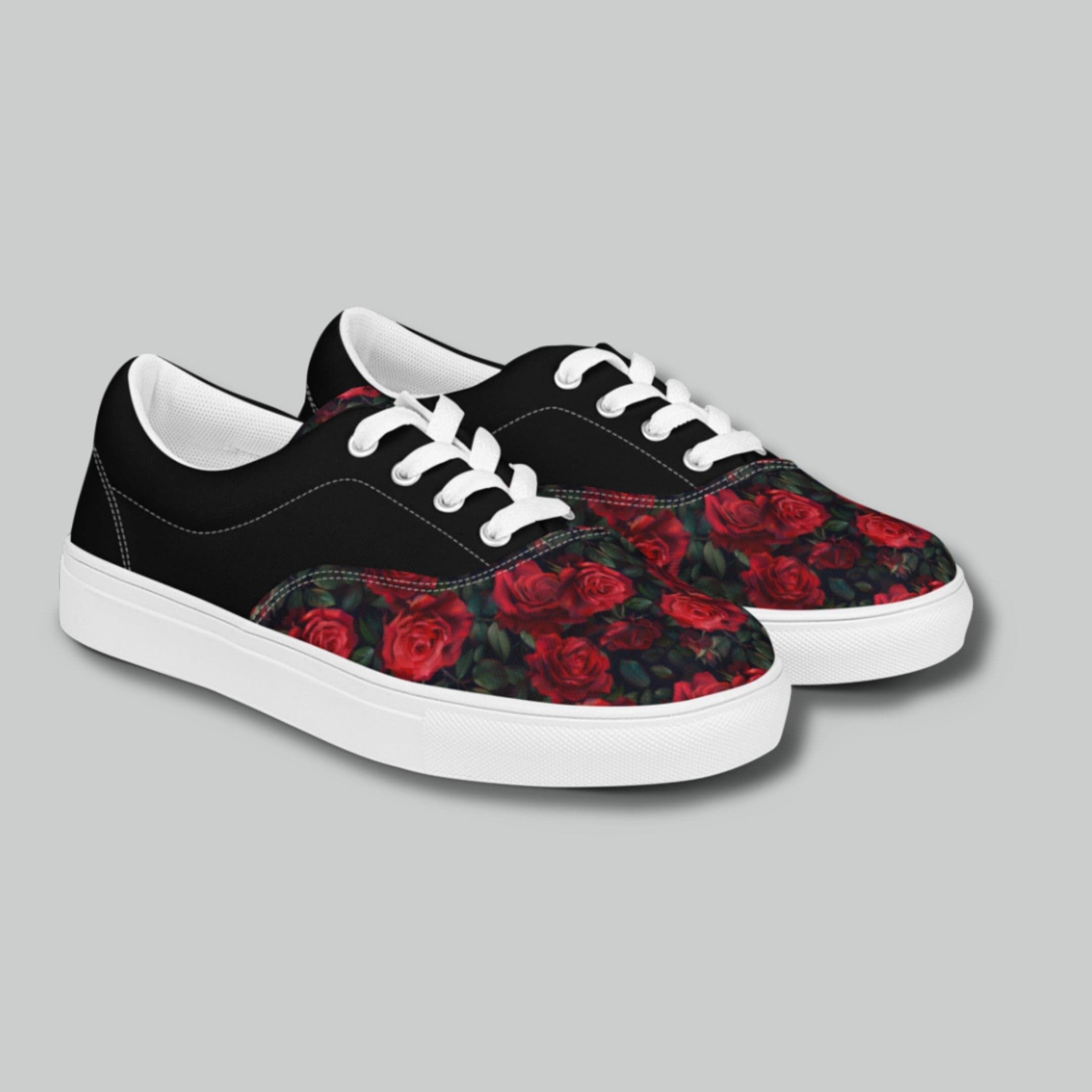 Black and Red Rose Lace-Up Canvas Shoes