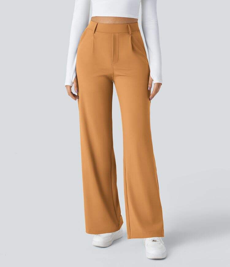 High Waisted Plicated Side Pocket Straight Leg Work Pants