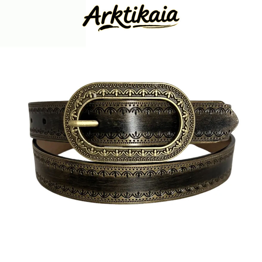 Men's Vintage Distressed Engraved Embossed Genuine Leather Belt 44748904U
