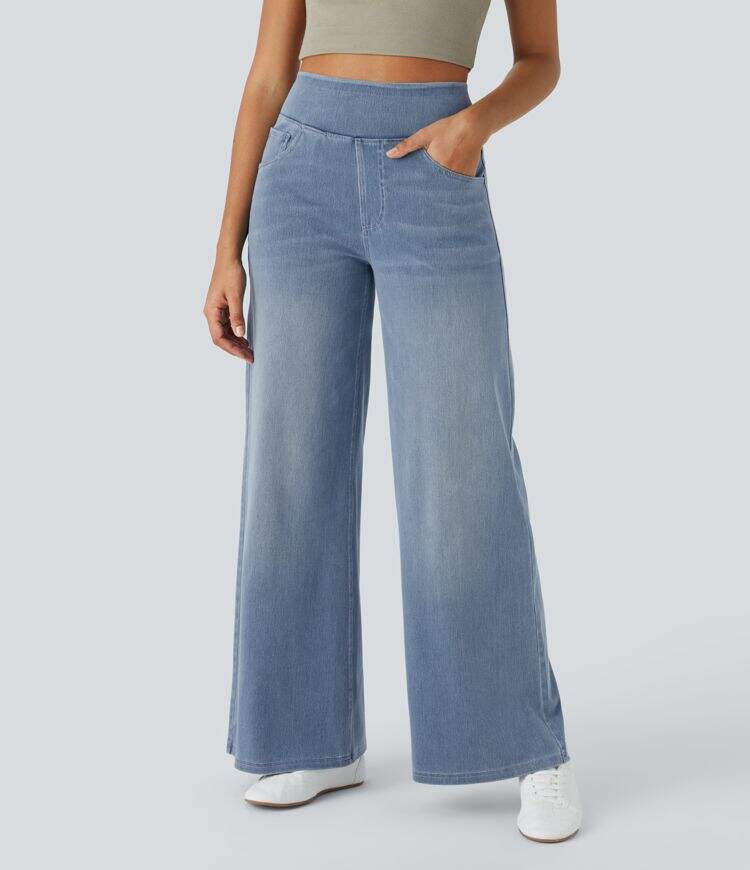 High Waisted Multiple Pockets Wide Leg Washed Stretchy Knit Casual Jeans