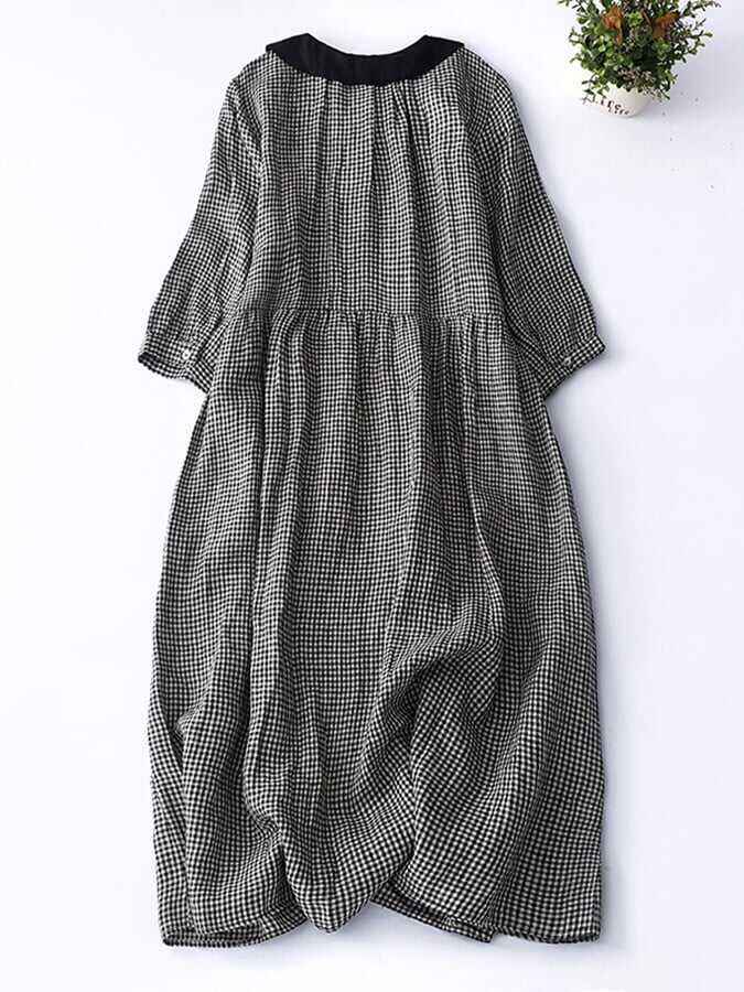 Cotton And Linen Plaid Shirt Collar Dress