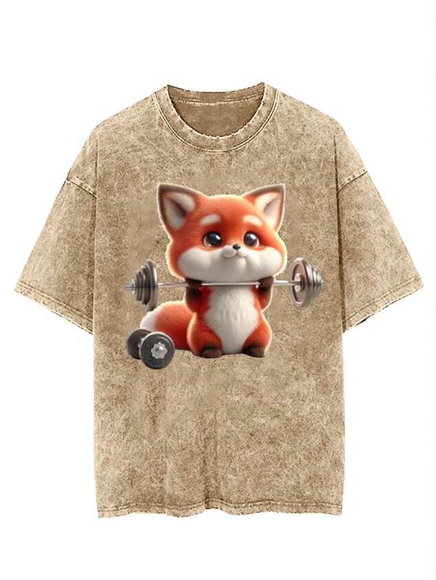 Funny Weightlifting Fox Print Washed Tee 🦊💪