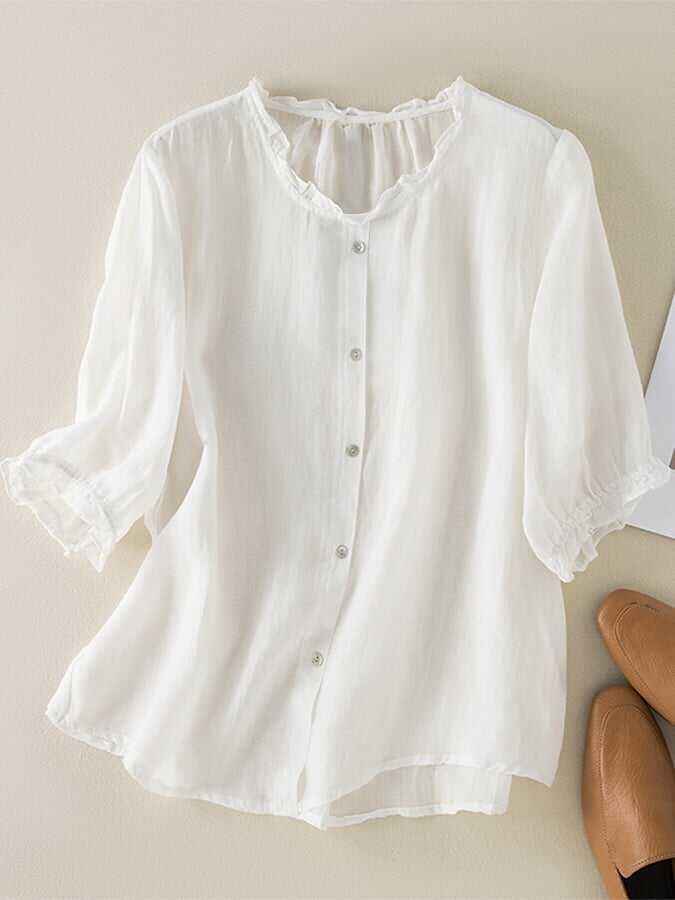 Vintage Art Ruffle Round Neck Casual Shirt