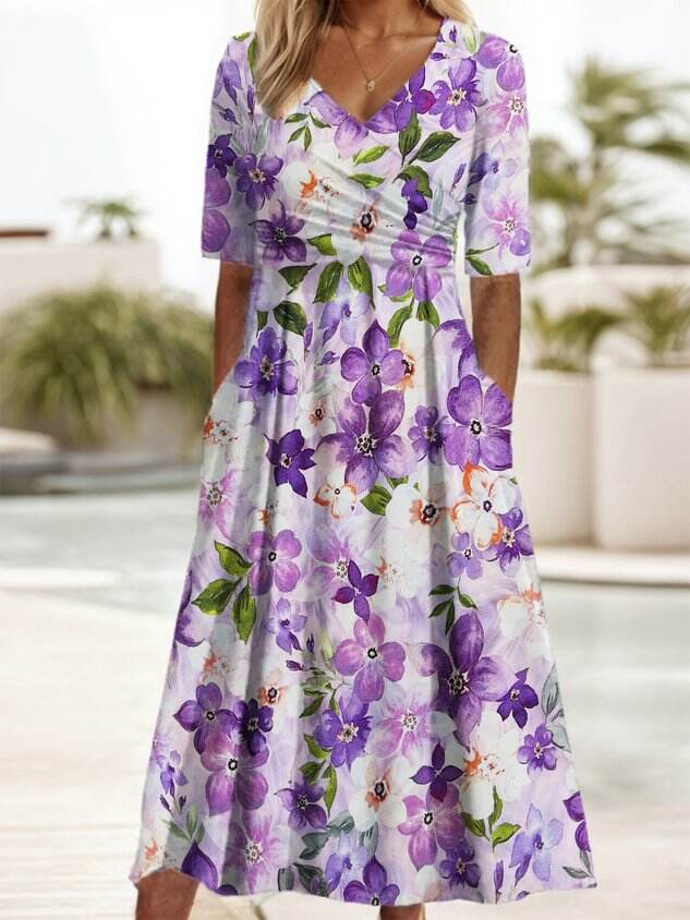 Floral Print Middle Sleeves V-Neck Dress
