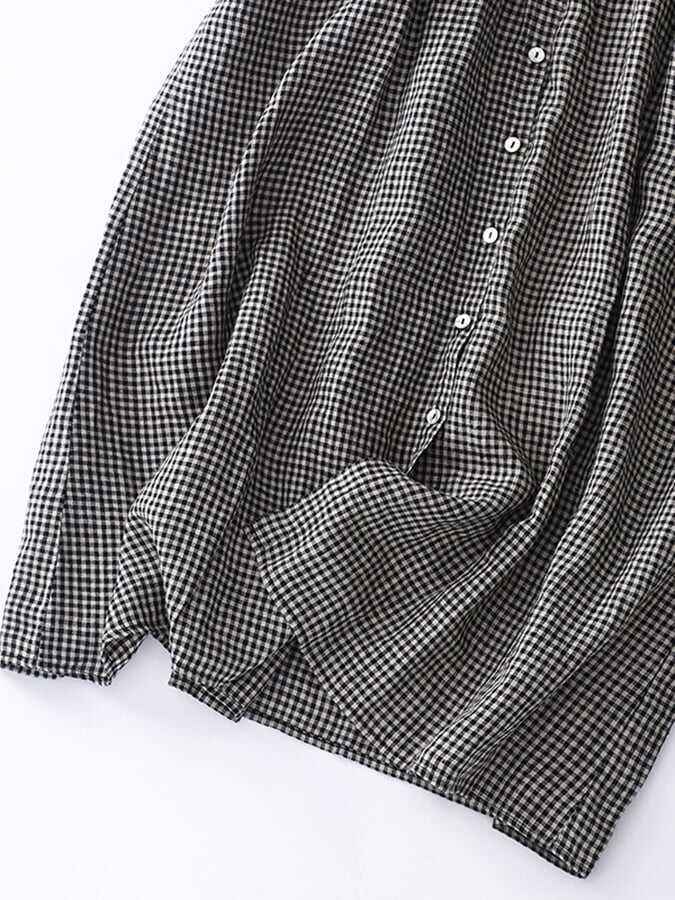 Cotton And Linen Plaid Shirt Collar Dress