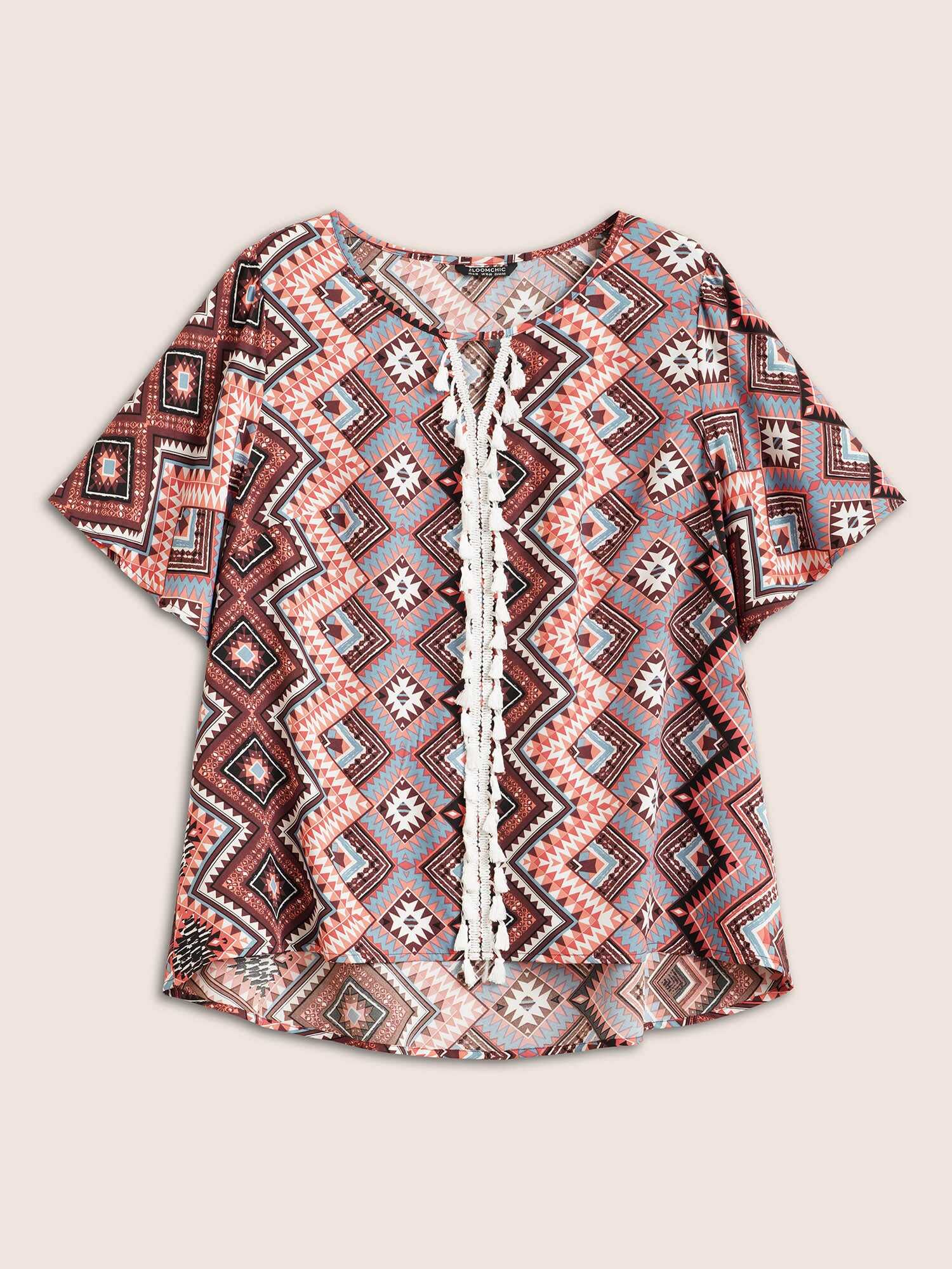 Bandana Keyhole Tassels Lace trim Blouse