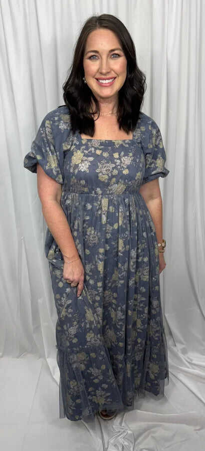 FINAL SALE Polagram - Navy Floral Tulle Midi Dress