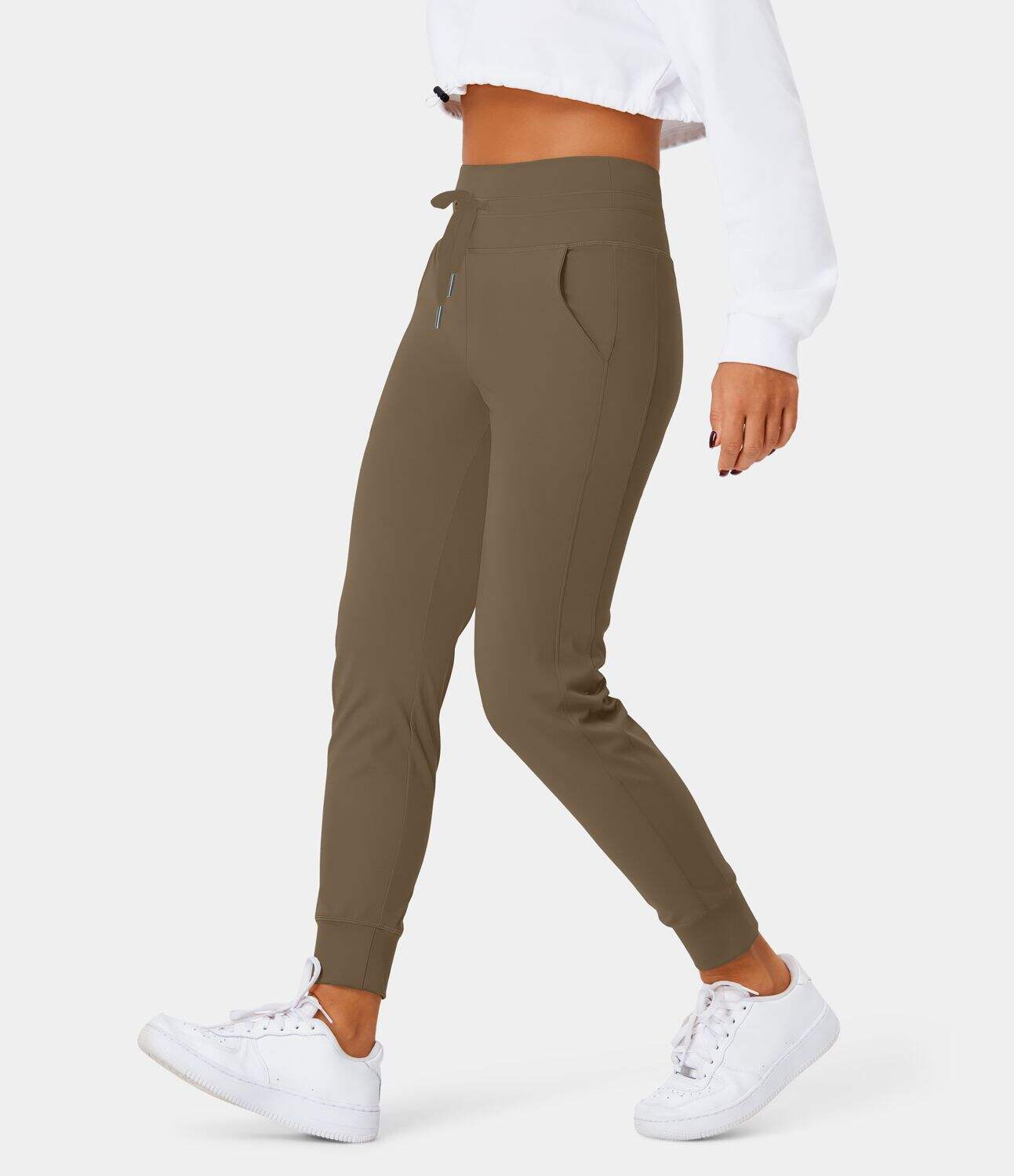 Airy High Waisted Drawstring Side Pocket Plain Cool Touch Full Length Joggers-UPF50+