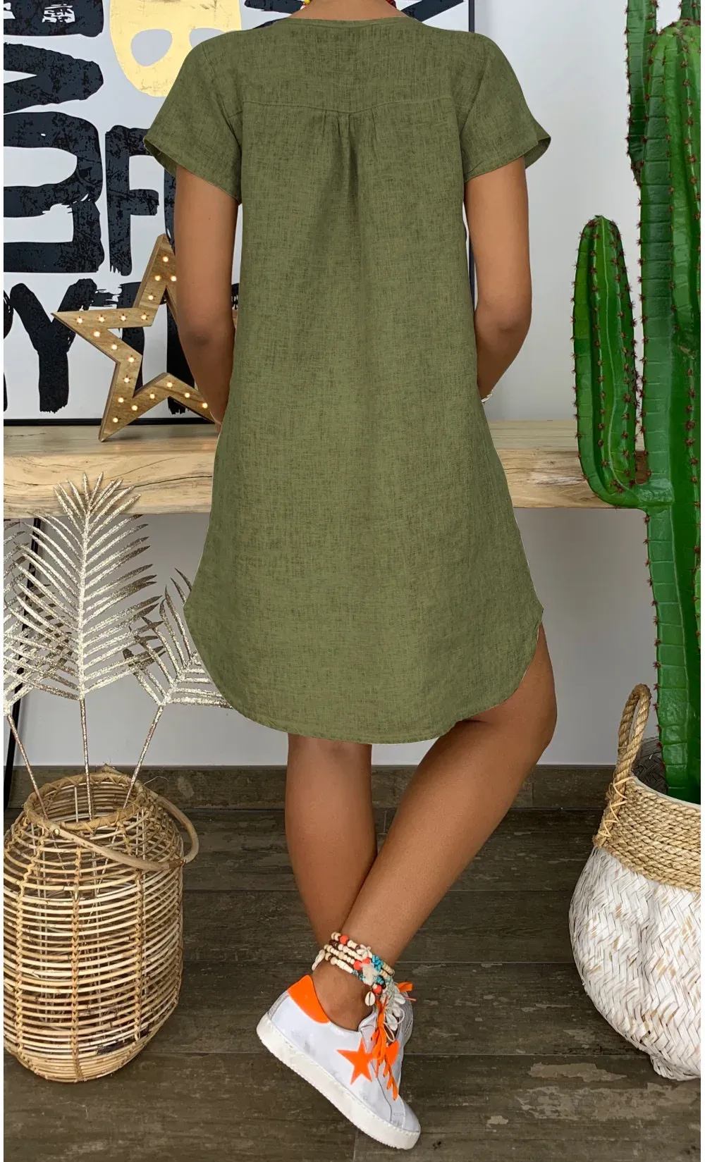 Summer loose solid color short sleeved V-neck cotton linen dress