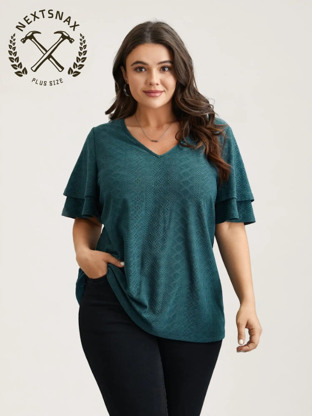 Jacquard Textured Lotus Leaf Sleeve Top