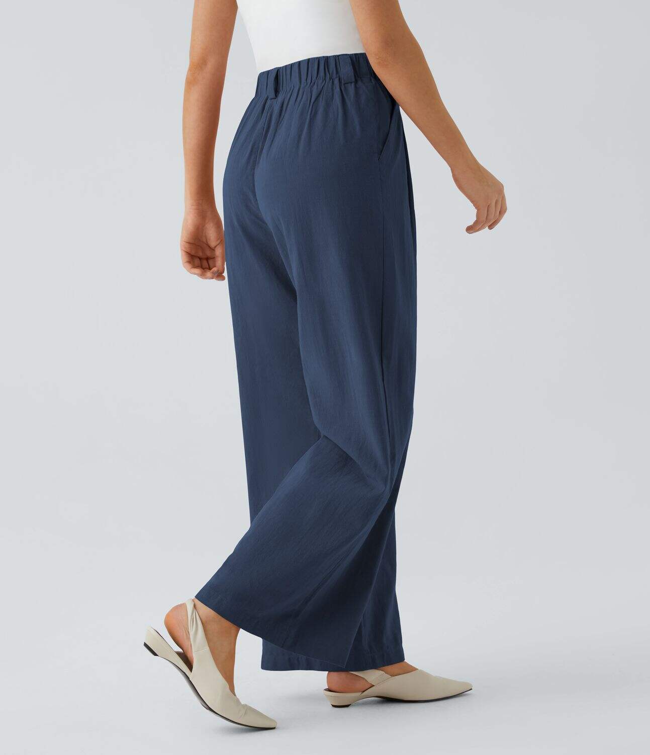 High Waisted Plicated Side Pocket Wide Leg Flowy Solid Palazzo Casual Linen-Feel Pants
