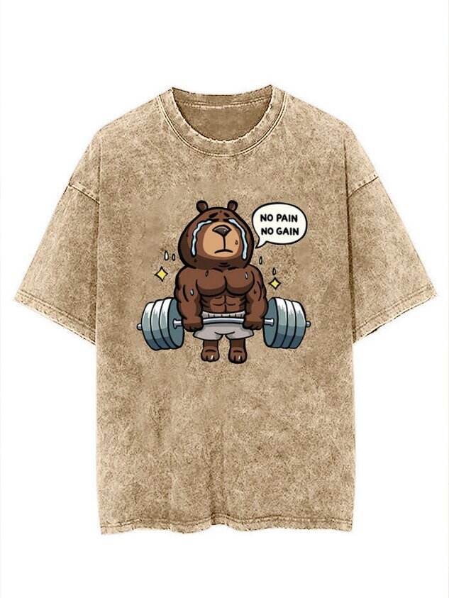 Funny Fitness Bear Print Washed T-Shirt