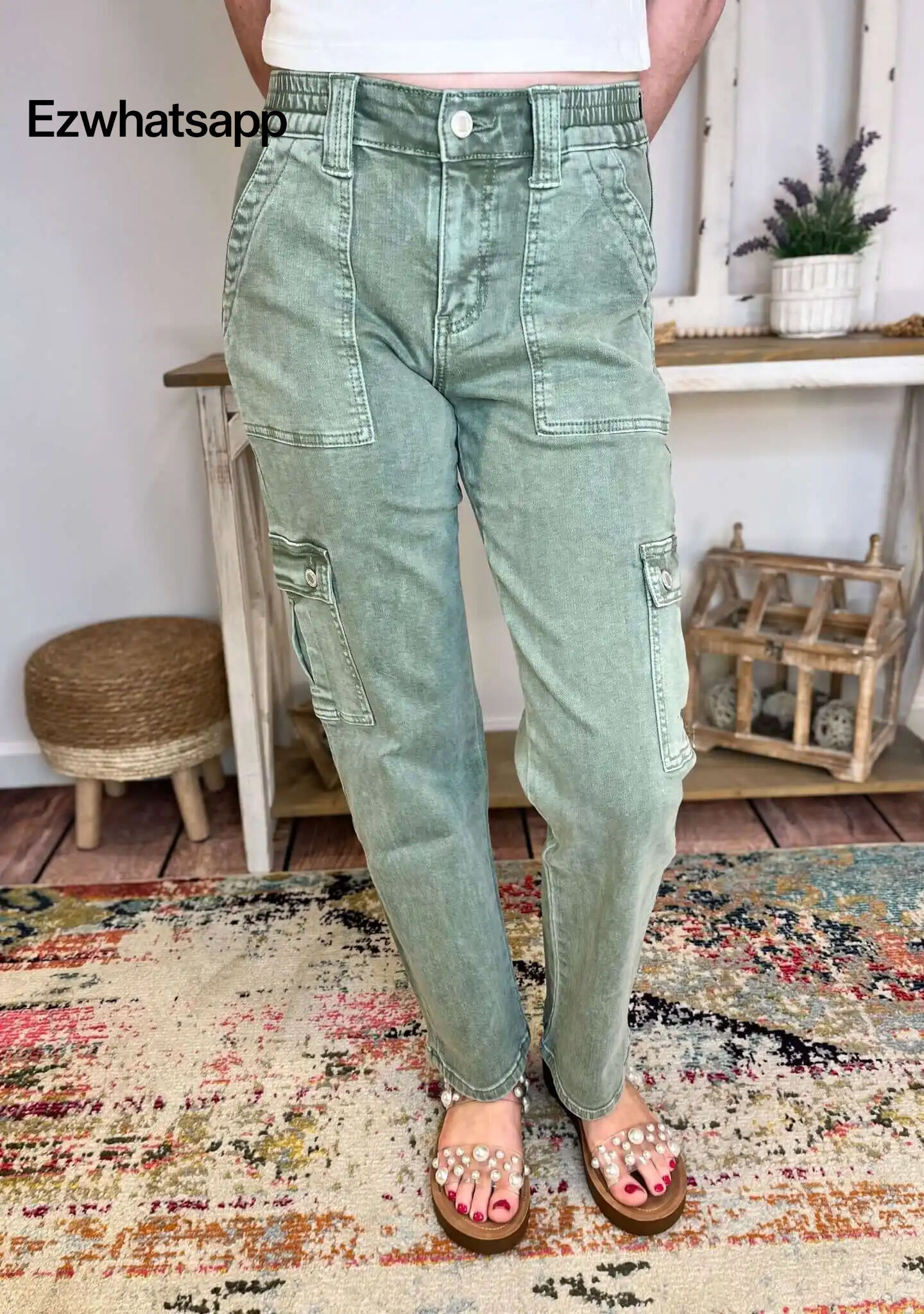 Vervet by Flying Monkey Dixie Cargo Straight Ankle Jeans - Army Green