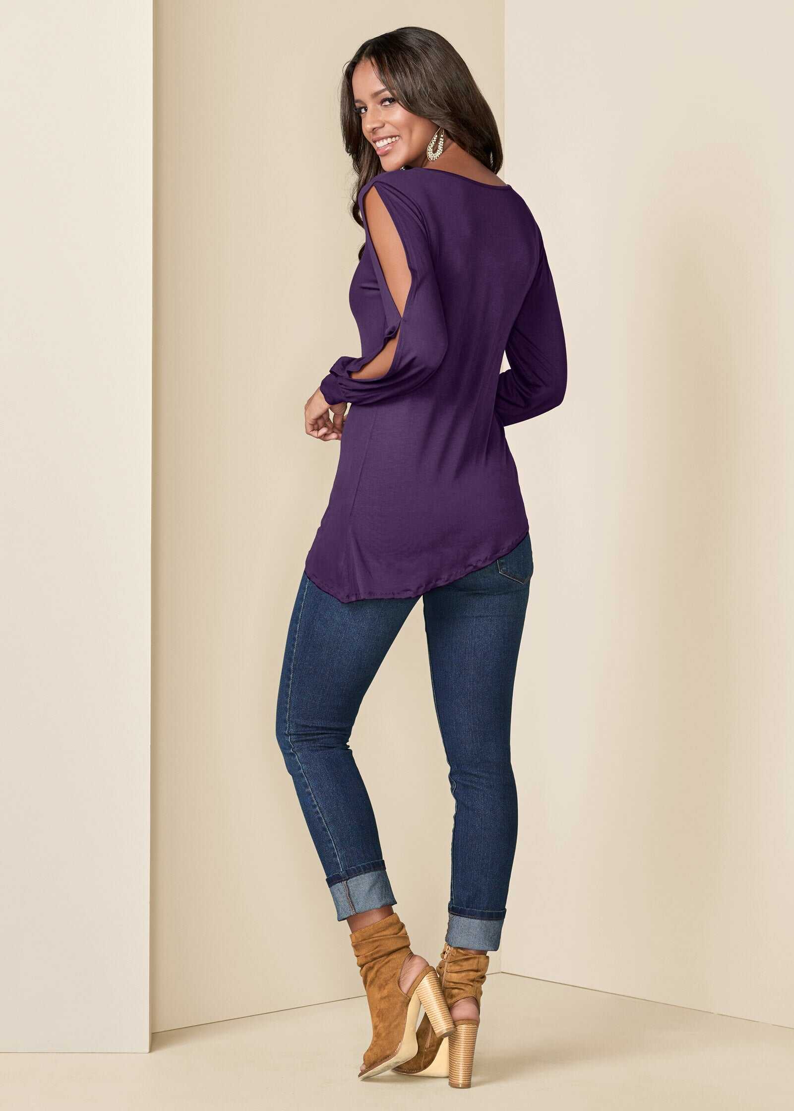 V-Neck Cold-Shoulder Top - Dark Purple