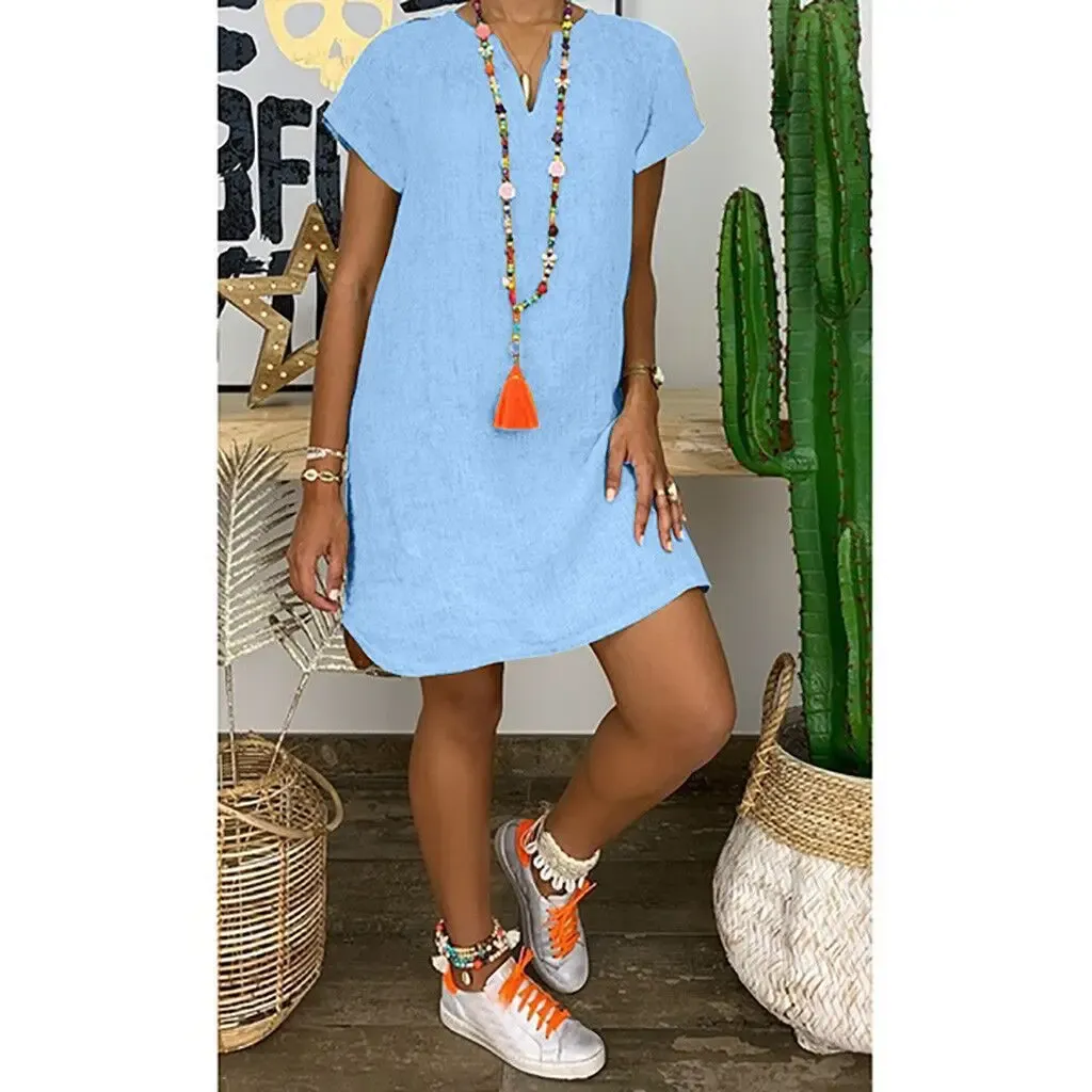 Summer loose solid color short sleeved V-neck cotton linen dress