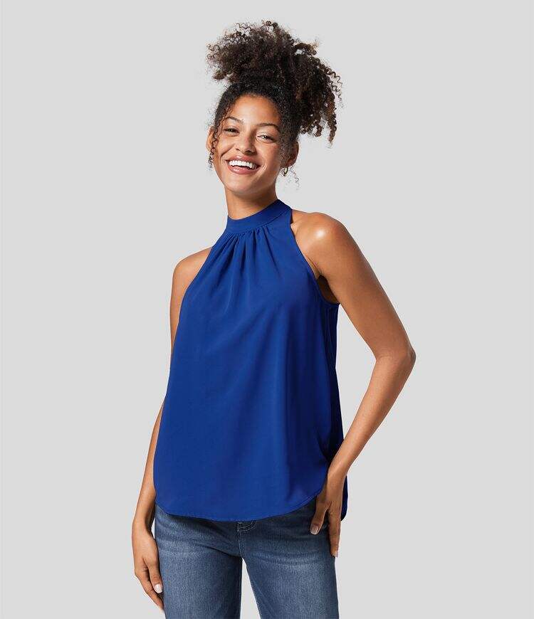 Keyhole Back Halter Plicated Sleeveless Curved Hem Work Blouse